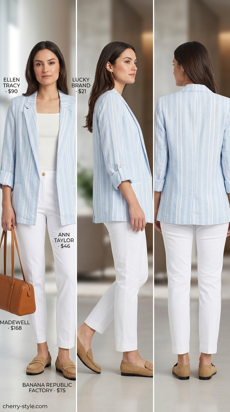 Smart summer work outfits for women 2026: Light blue linen blazer, white tank, tan trousers.