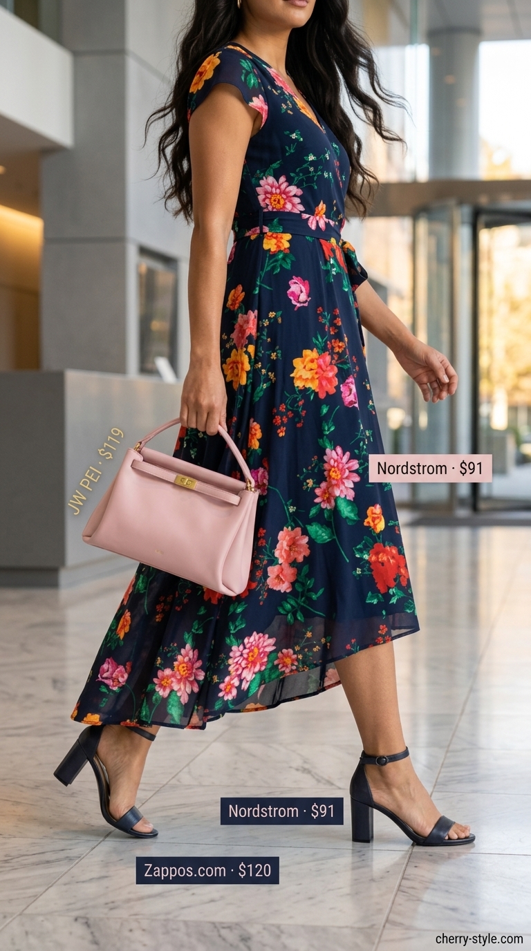 Smart summer work outfits for women 2026: Navy floral wrap dress with navy block heels & gold stud earrings.