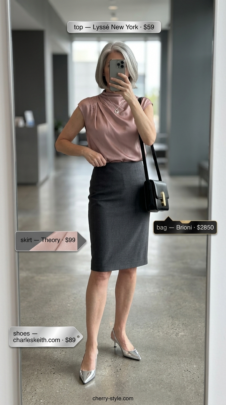 Smart summer work outfits for women 2026: Charcoal pencil skirt, blush silk blouse, silver jewelry.