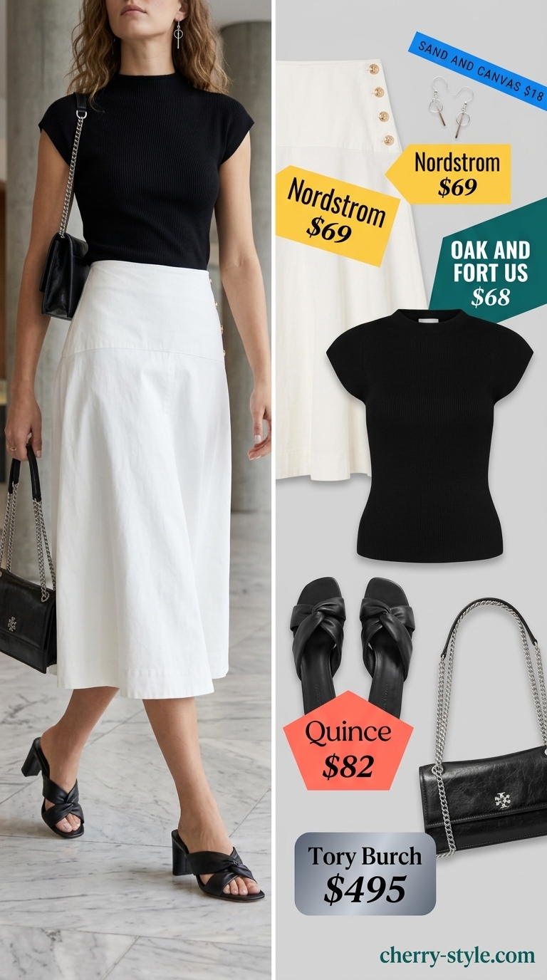 Smart summer work outfits for women 2026: White A-line midi skirt with black mock neck top & silver earrings.
