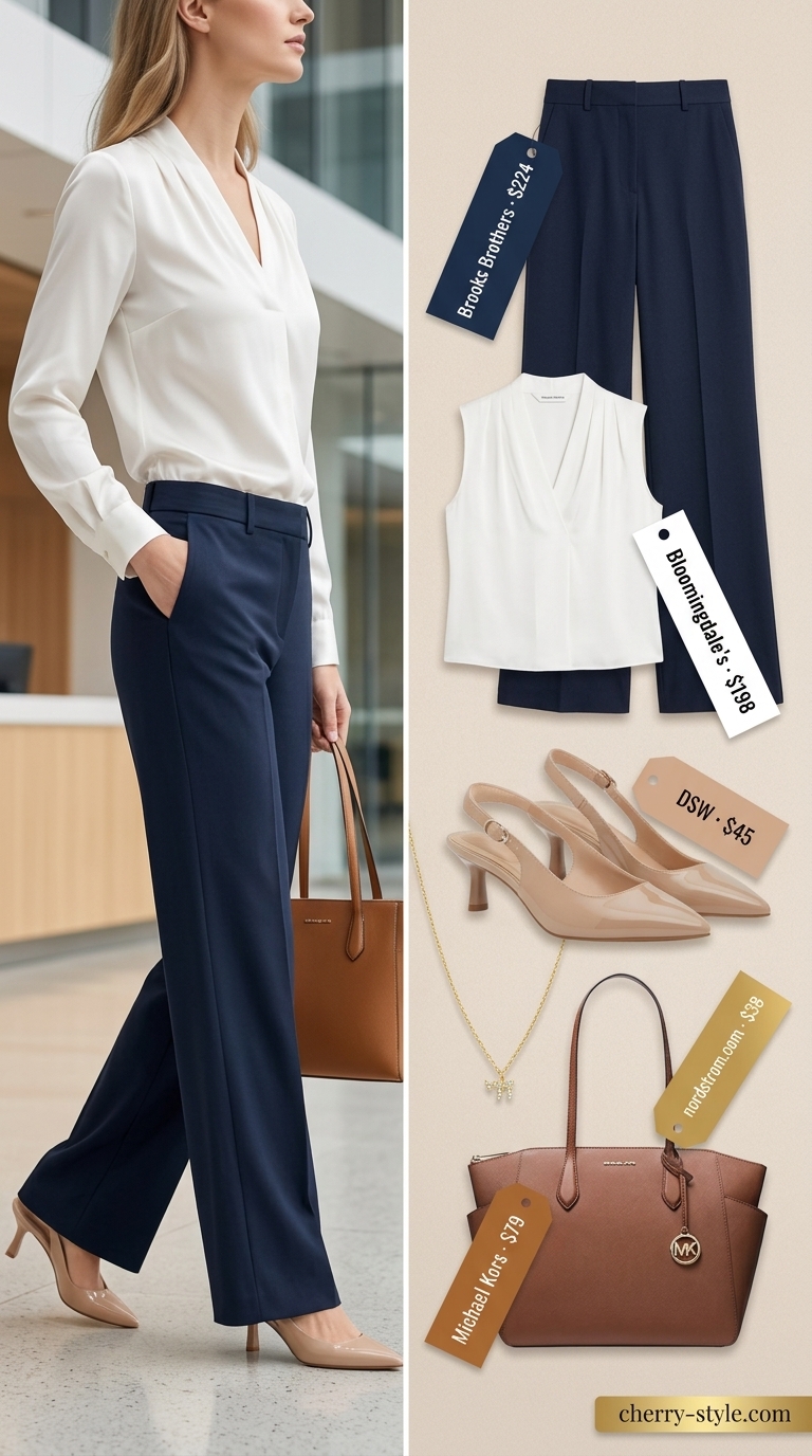 Smart summer work outfits for women 2026: Navy wide-leg trousers with ivory silk blouse & gold necklace.