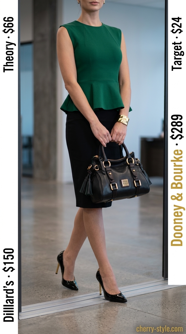 Smart summer work outfits for women 2026: Emerald green peplum top, black pencil skirt, gold cuff.