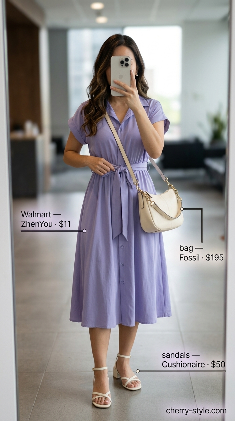 Smart summer work outfits for women 2026: Lavender shirt dress, pearl earrings, nude crossbody.