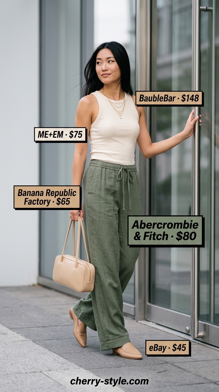 Smart summer work outfits for women 2026: Olive green linen pants with cream knit top & tan loafers.