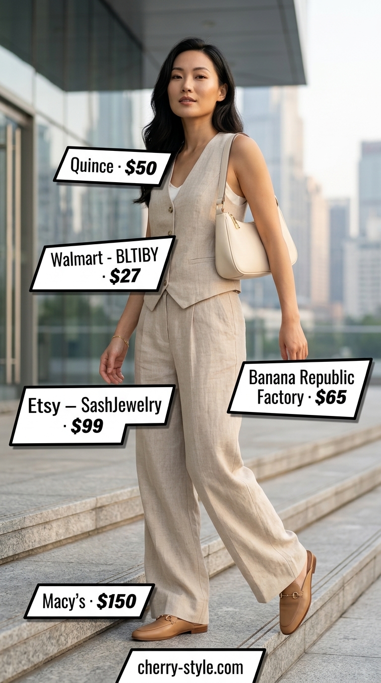 Smart summer work outfits for women 2026: Beige linen Bermuda shorts set with white silk camisole & gold jewelry.