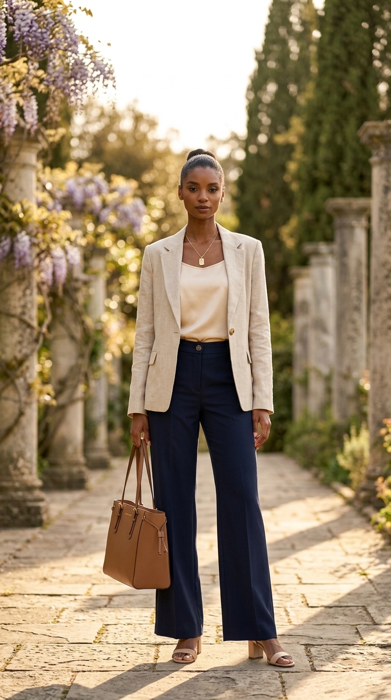 Smart summer work outfits for women 2026: Navy wide-leg trousers, cream silk cami, linen blazer, gold jewelry.