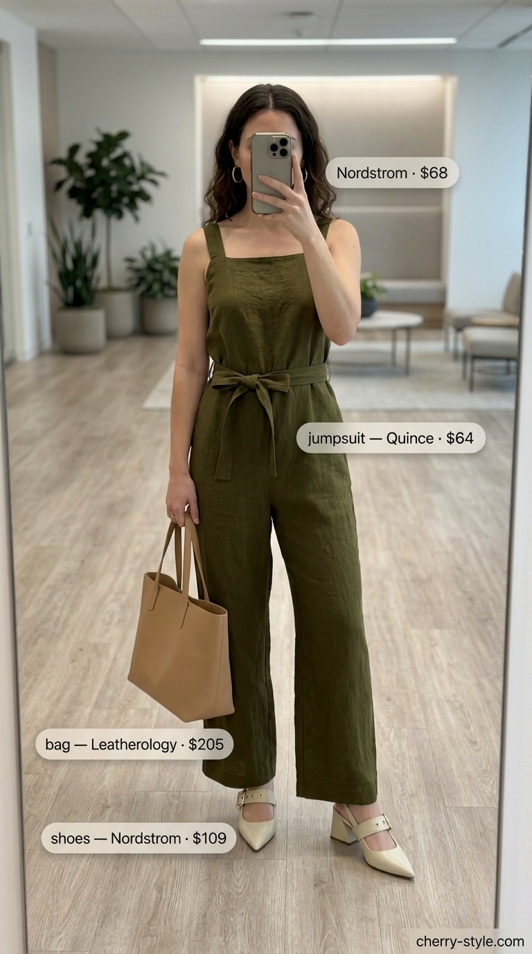 Smart summer work outfits for women 2026: Olive green wide-leg jumpsuit, cream scarf, gold hoops.
