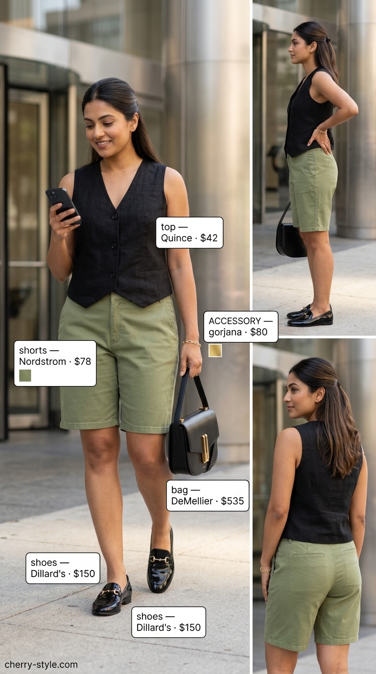 Smart summer work outfits for women 2026: Olive green tailored shorts, black vest, gold chain, loafers.