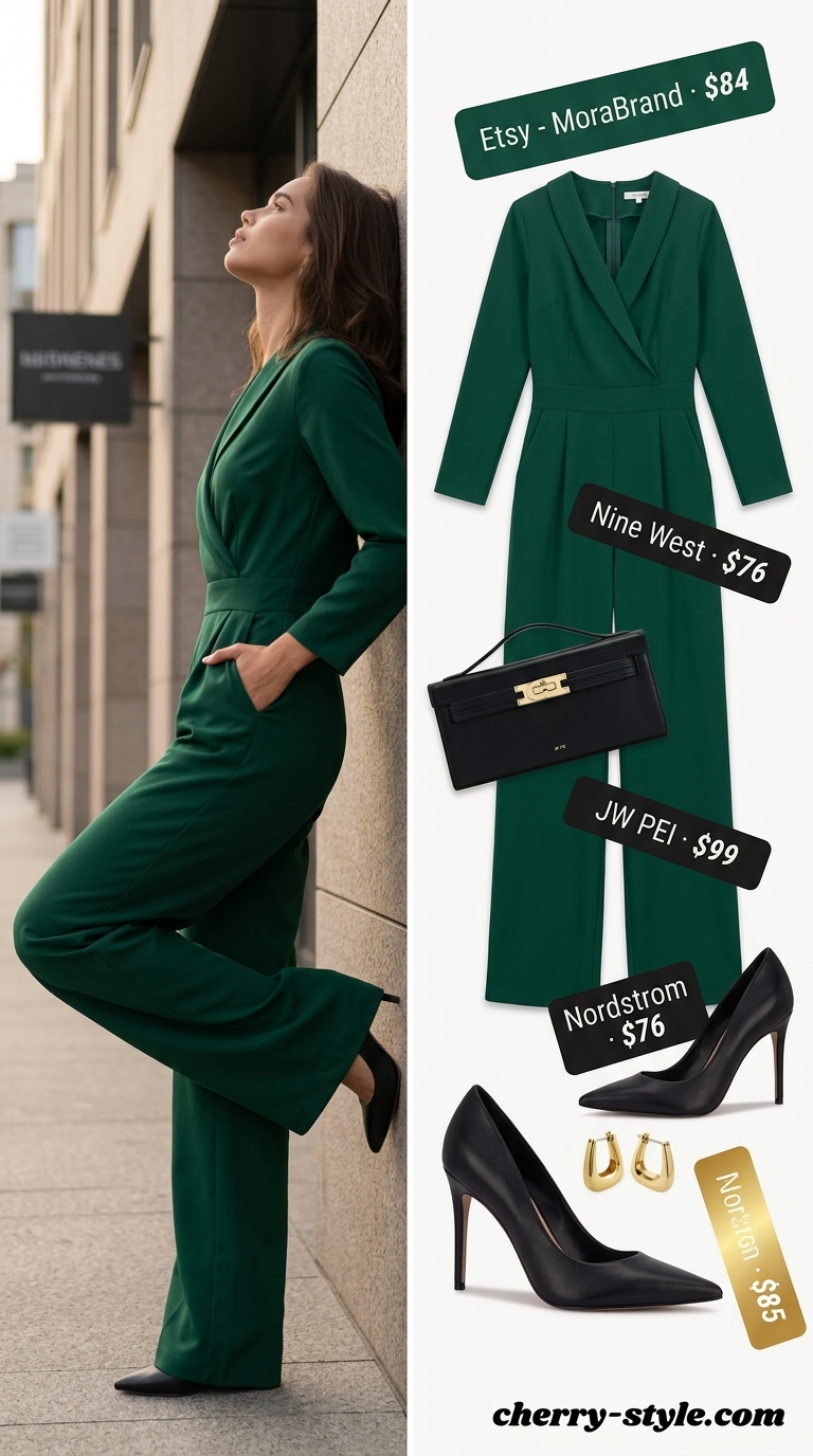 Smart summer work outfits for women 2026: Forest green wide-leg jumpsuit with black pumps & gold hoop earrings.