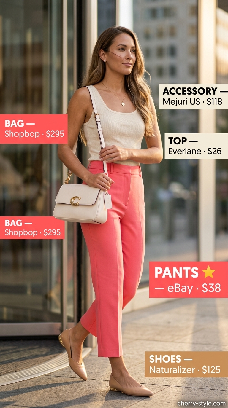 Smart summer work outfits for women 2026: Coral capri pants with cream sleeveless top & tan shoulder bag.