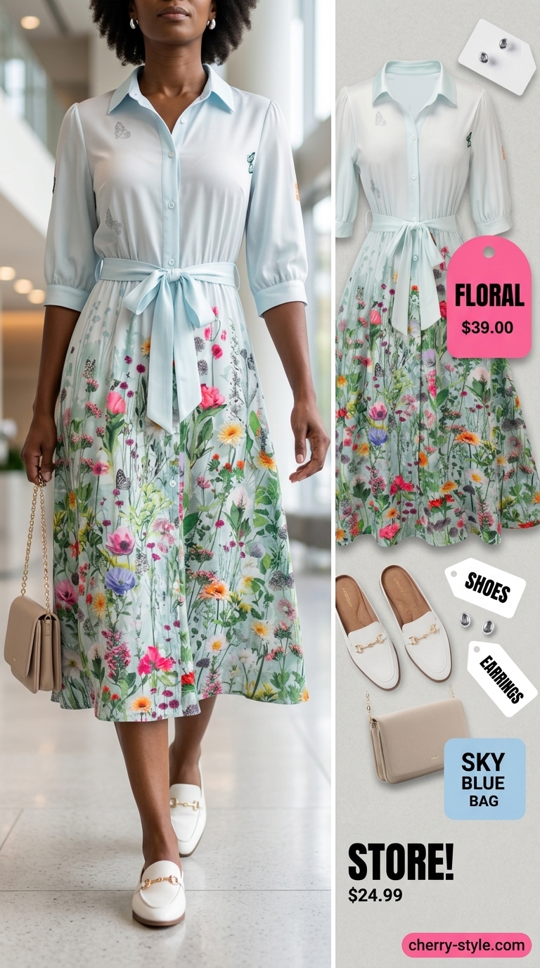 Smart summer work outfits for women 2026: Sky blue midi shirt dress with white mules & silver stud earrings.