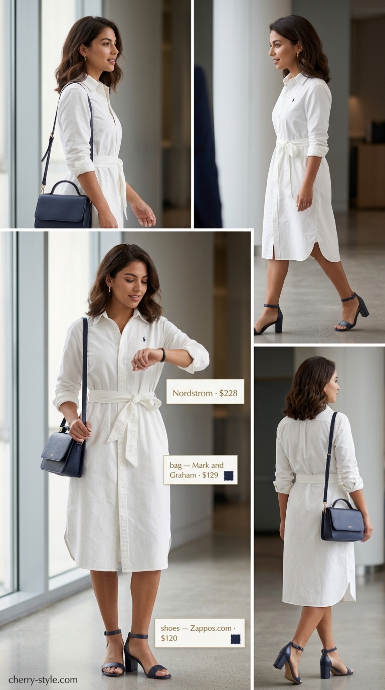 Smart summer work outfits for women 2026: White shirt dress, navy crossbody, gold earrings.