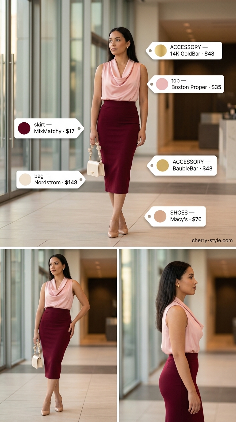 Smart summer work outfits for women 2026: Burgundy pencil skirt, blush silk blouse, nude heels for refined feminine office style.