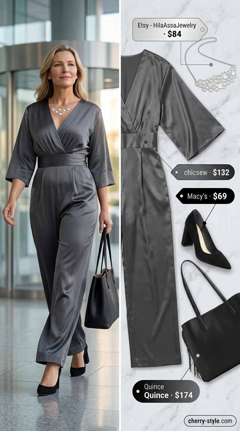 Smart summer work outfits for women 2026: Charcoal jumpsuit, silver necklace, black briefcase tote for confident business travel.