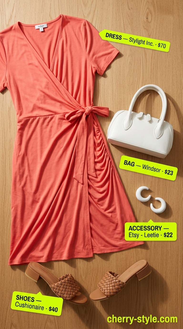 Smart summer work outfits for women 2026: Coral wrap dress, white tote, tan sandals for vibrant summer office parties.