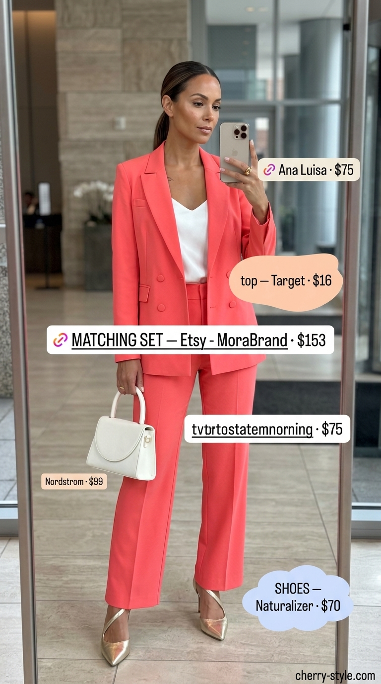 Smart summer work outfits for women 2026: Coral linen suit, white cami, gold heels for commanding presentations.