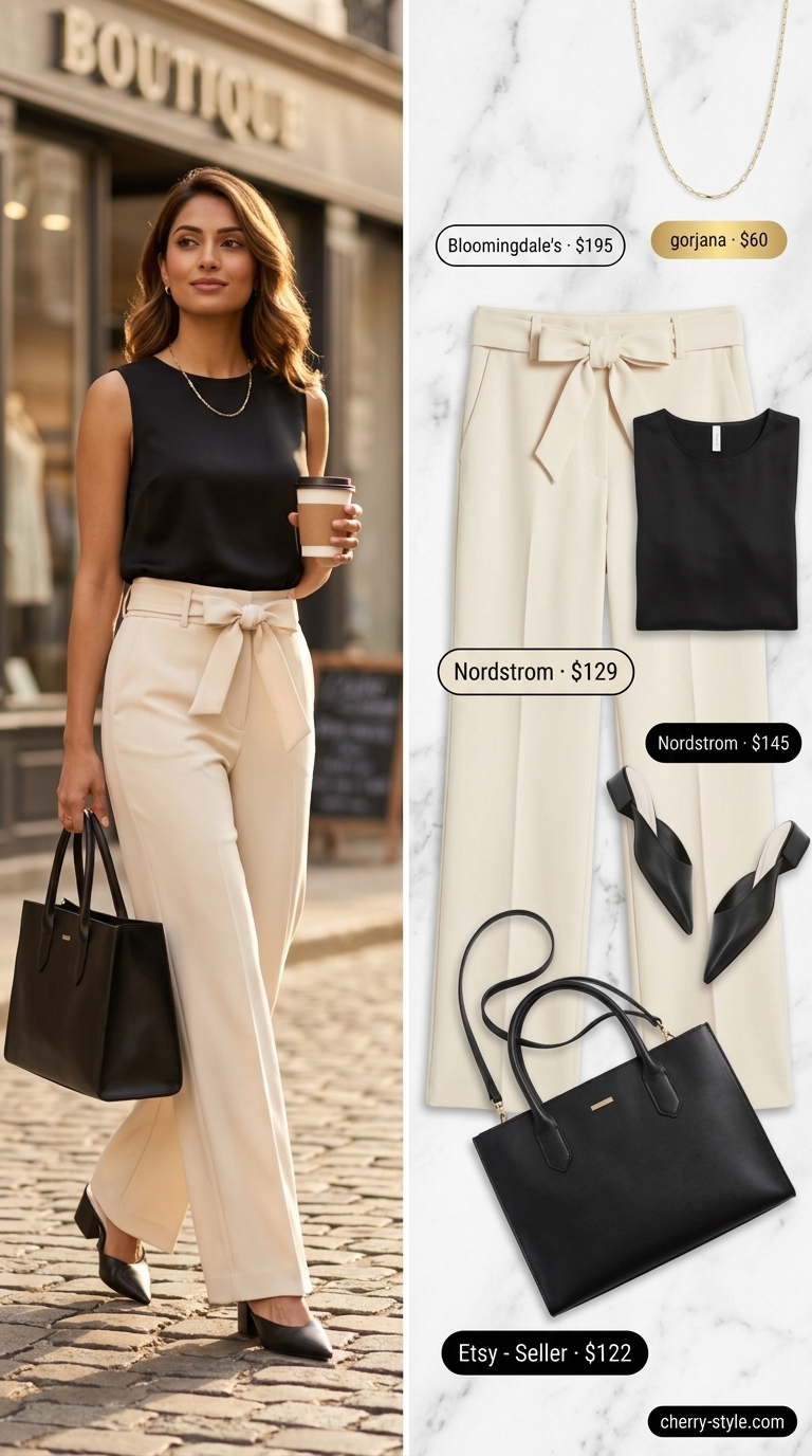 Smart summer work outfits for women 2026: Cream wide-leg pants, black silk top, gold necklace for polished office looks.