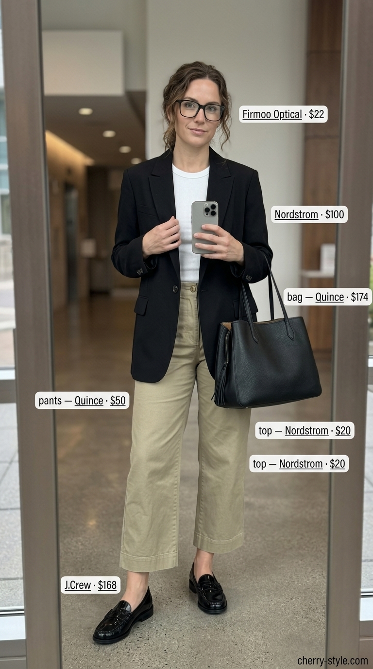 Smart summer work outfits for women 2026: Khaki cropped pants, white tank, black blazer, loafers for relaxed professional style.
