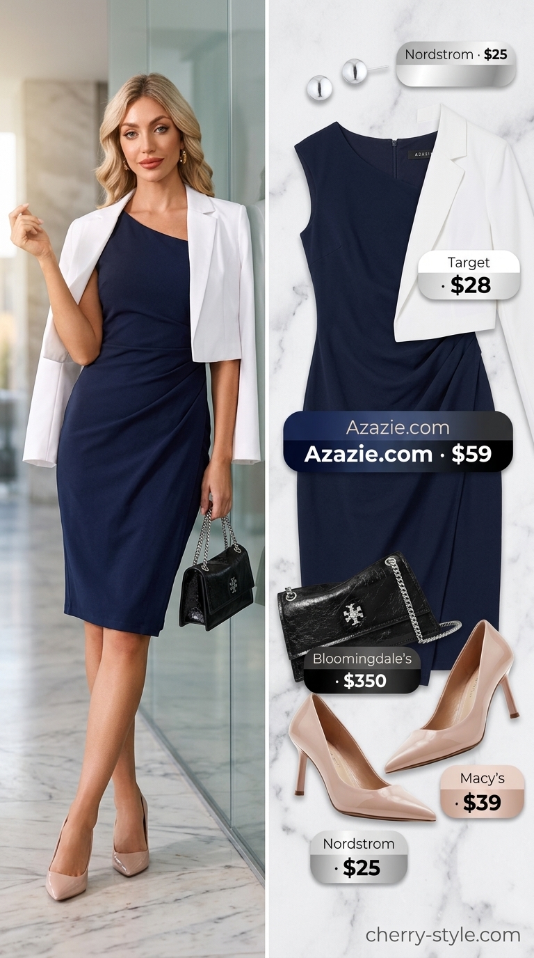 Smart summer work outfits for women 2026: Navy sheath dress, white blazer, nude pumps for sophisticated executive style.