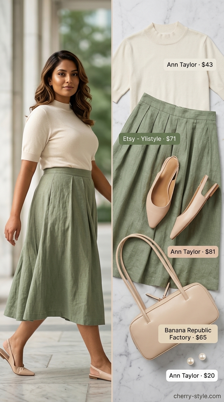 Smart summer work outfits for women 2026: Sage green linen skirt, ivory knit top, nude flats for everyday office.