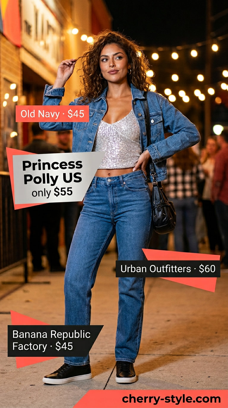 Denim jacket, jeans, and sequin cami for casual sparkle concert outfits summer for women 2026 with sneakers.