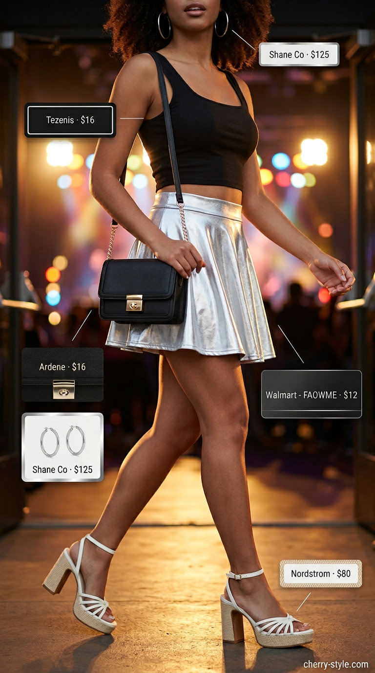 Silver metallic mini skirt and black crop top for fun sparkle concert outfits summer for women 2026 with hoops.