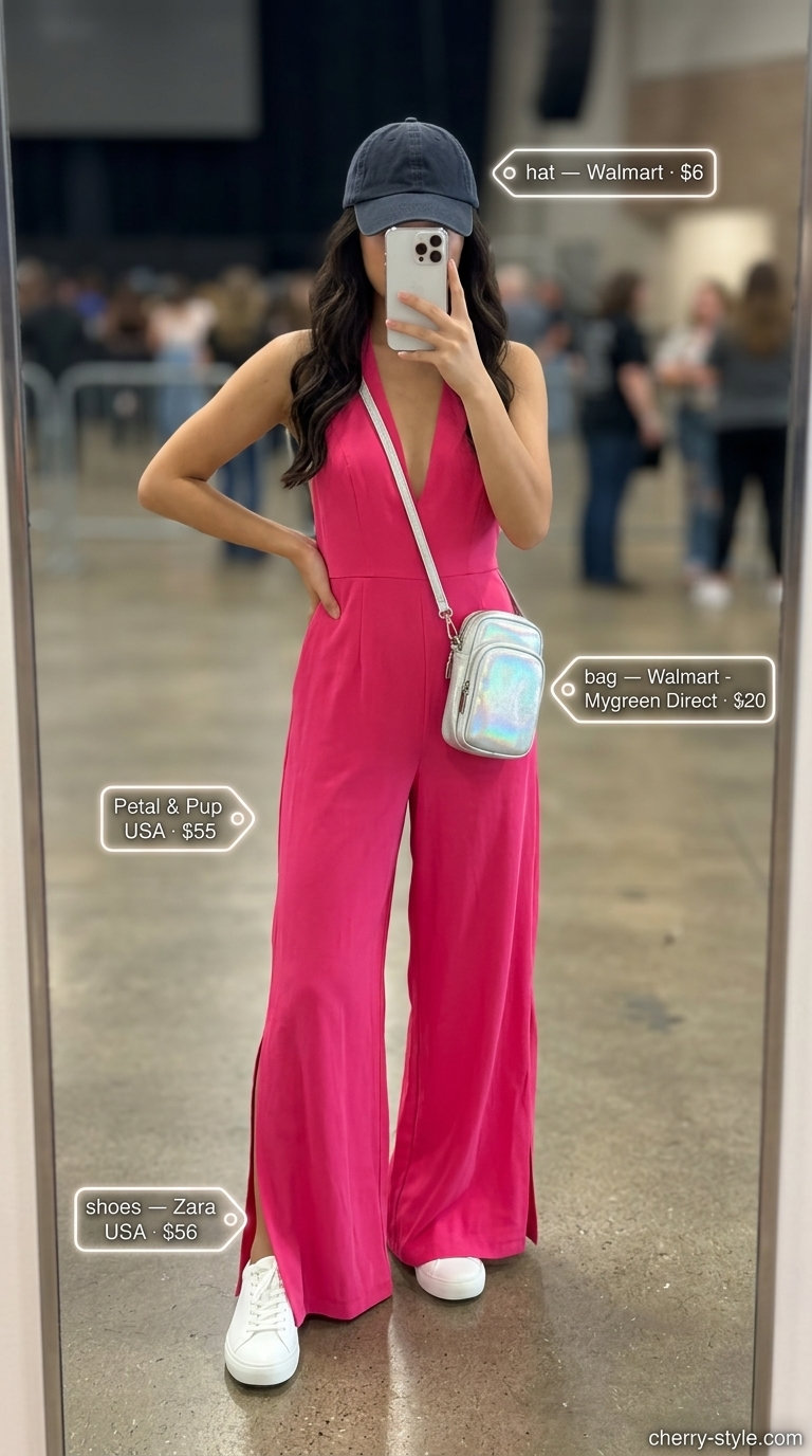 Hot pink wide-leg jumpsuit for playful sparkle concert outfits summer for women 2026 with white sneakers.