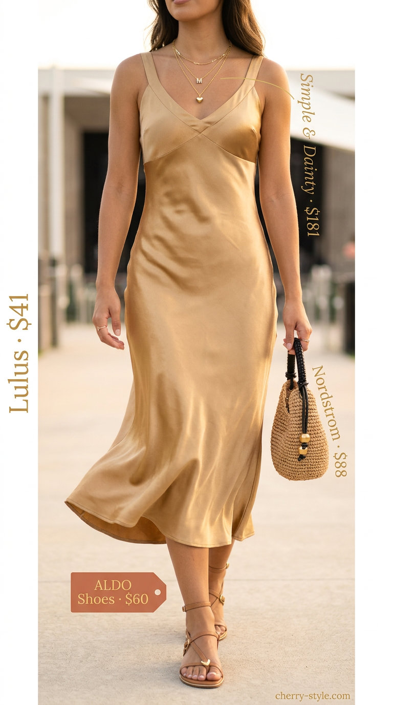 Sparkle concert outfits summer for women 2026: Gold satin slip dress, delicate gold necklaces, and straw crossbody bag.