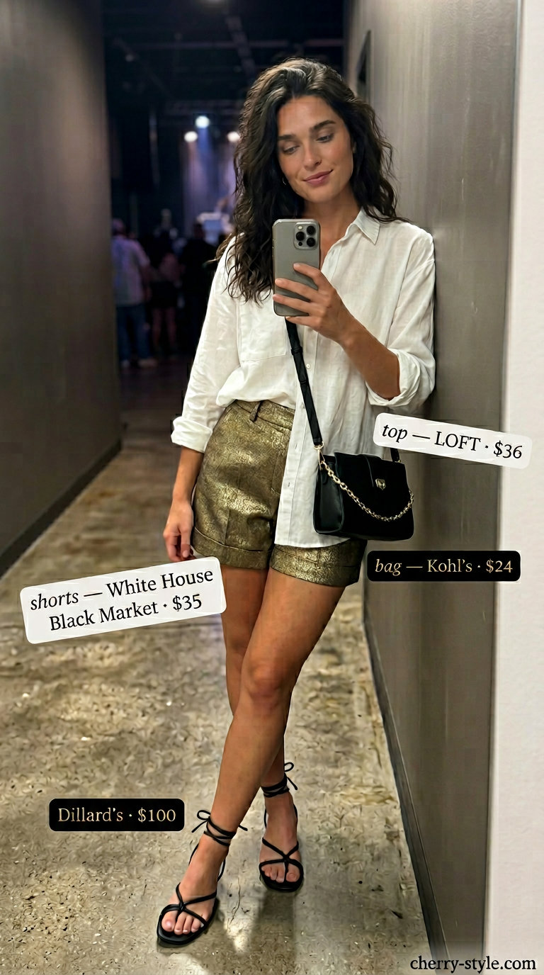 Gold tailored shorts and oversized white linen shirt for chic sparkle concert outfits summer for women 2026.