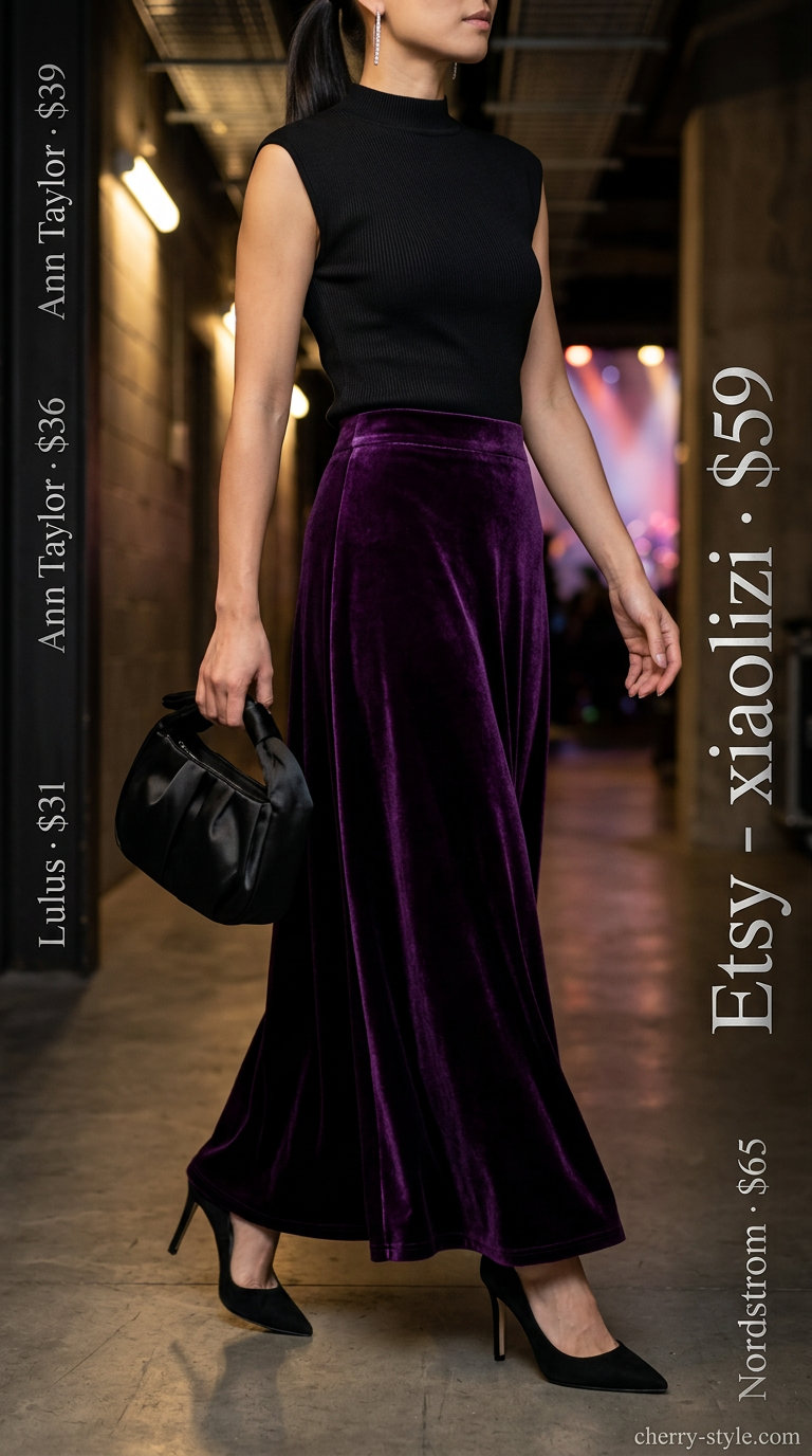 Deep purple velvet midi skirt and black top for sophisticated sparkle concert outfits summer for women 2026.