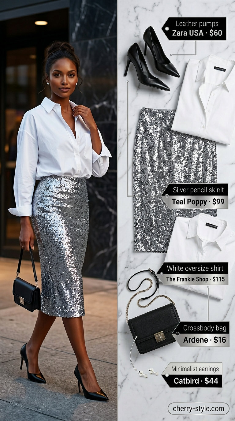 Silver sequin pencil skirt and white button-down shirt for chic sparkle concert outfits summer for women 2026.