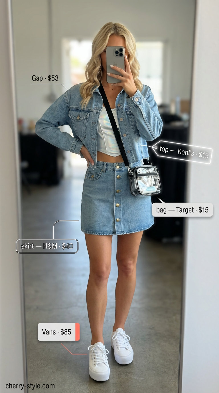 Sparkle concert outfits summer for women 2026: Silver halter crop top, denim mini skirt, platform sneakers, and denim jacket.