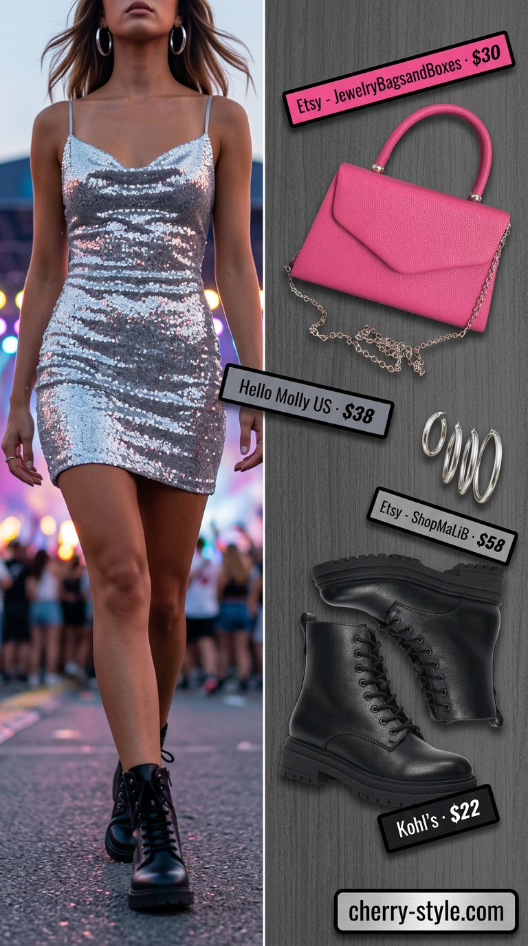 Sparkle concert outfits summer for women 2026: Silver sequin mini dress, combat boots, and hot pink crossbody bag.