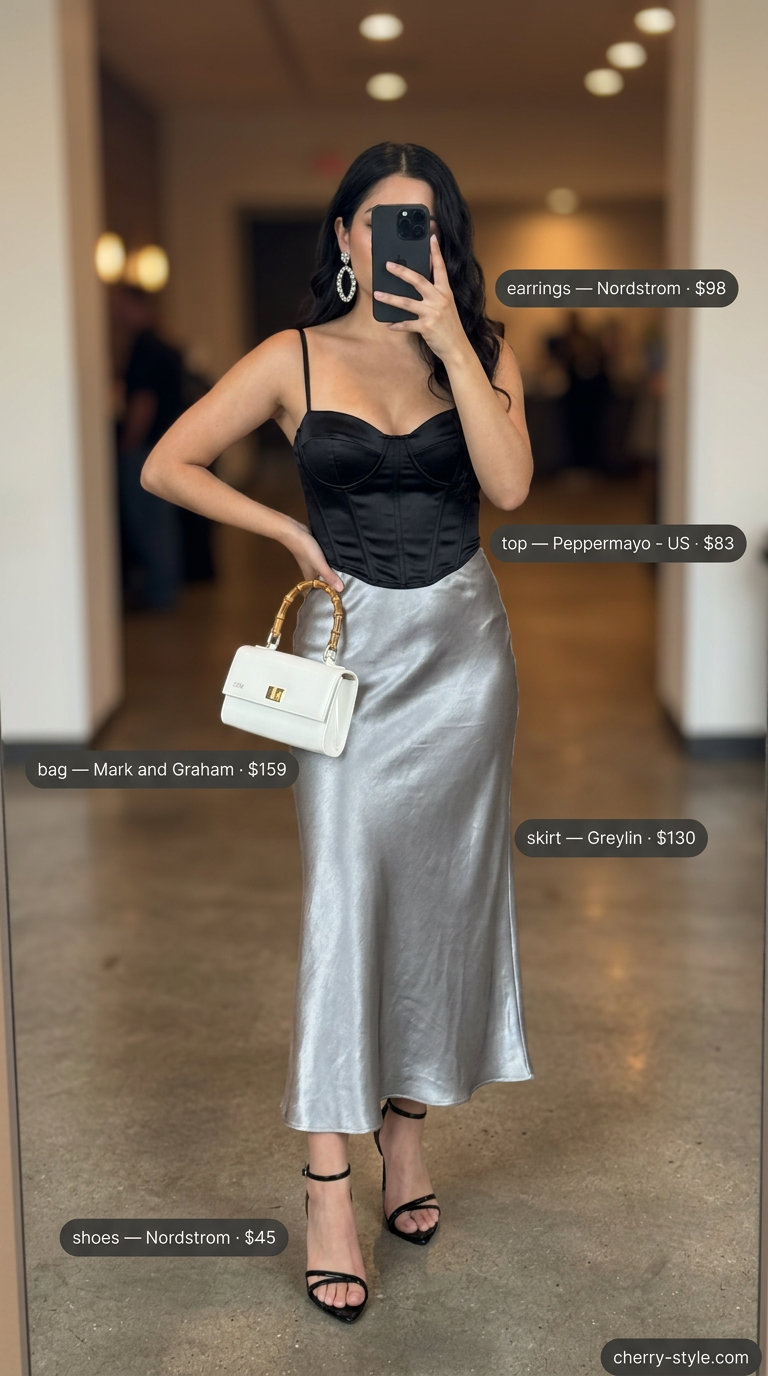 Sparkle concert outfits summer for women 2026: Silver satin slip skirt, black corset top, and white top-handle bag.