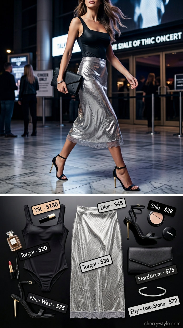 Sparkle concert outfits summer for women 2026: Silver metallic midi skirt, black bodysuit, and stiletto sandals for a glamorous night out.