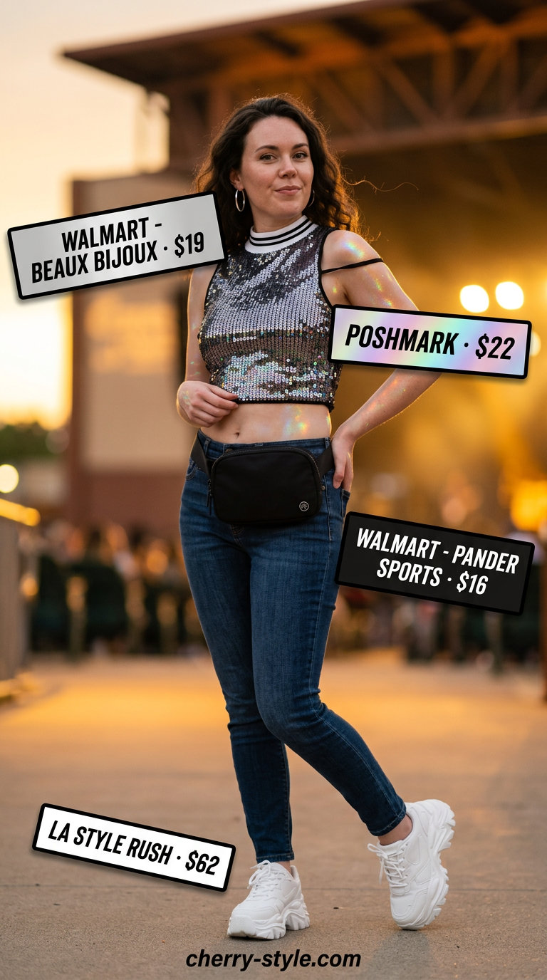 Sparkle concert outfits summer for women 2026: Black sequin crop top & shorts set, sneakers, belt bag for a sporty vibe.