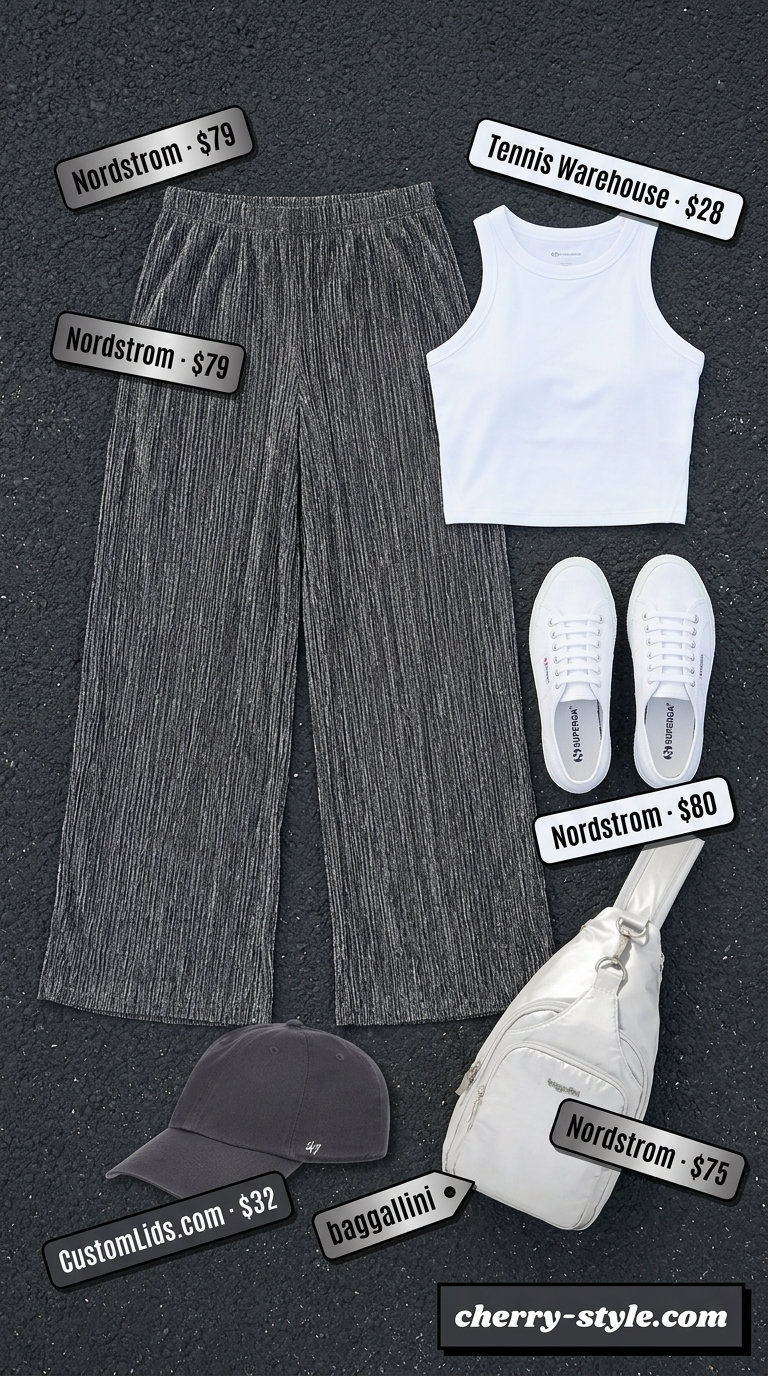 Sparkle concert outfits summer for women 2026: Charcoal grey lounge pants, white crop top, sneakers for a casual sporty look.