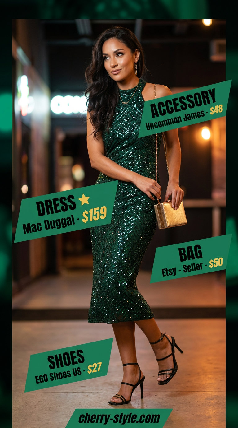 Sparkle concert outfits summer for women 2026: Emerald green sequin dress, black heels, gold clutch for a glamorous night.