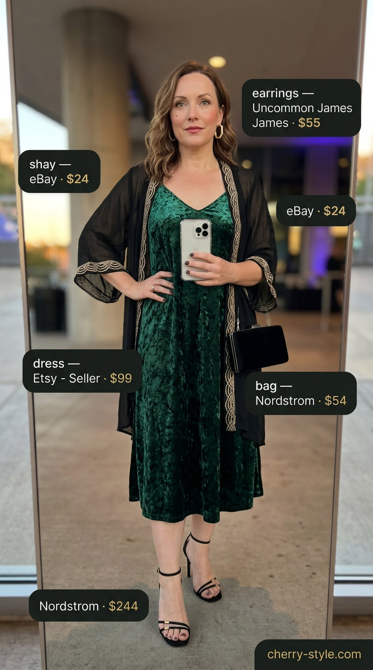 Sparkle concert outfits summer for women 2026: Emerald green velvet dress, black kimono, gold earrings for a luxurious look.