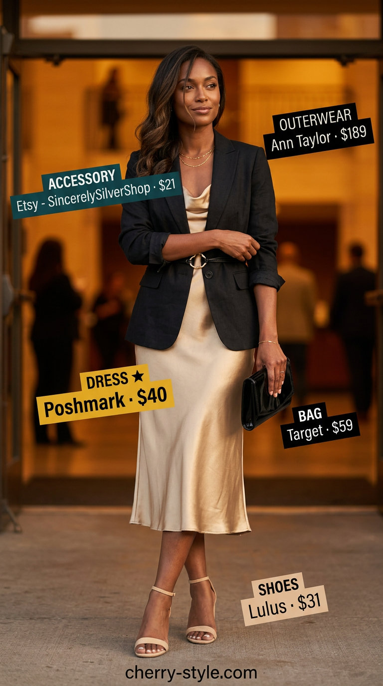 Sparkle concert outfits summer for women 2026: Gold satin slip dress, black blazer, nude heels for a glamorous evening.