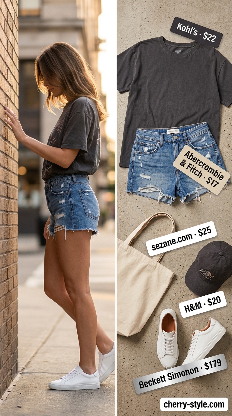 Sporty summer outfits with sneakers for women 2026: Distressed denim shorts, graphic tee, and white sneakers.