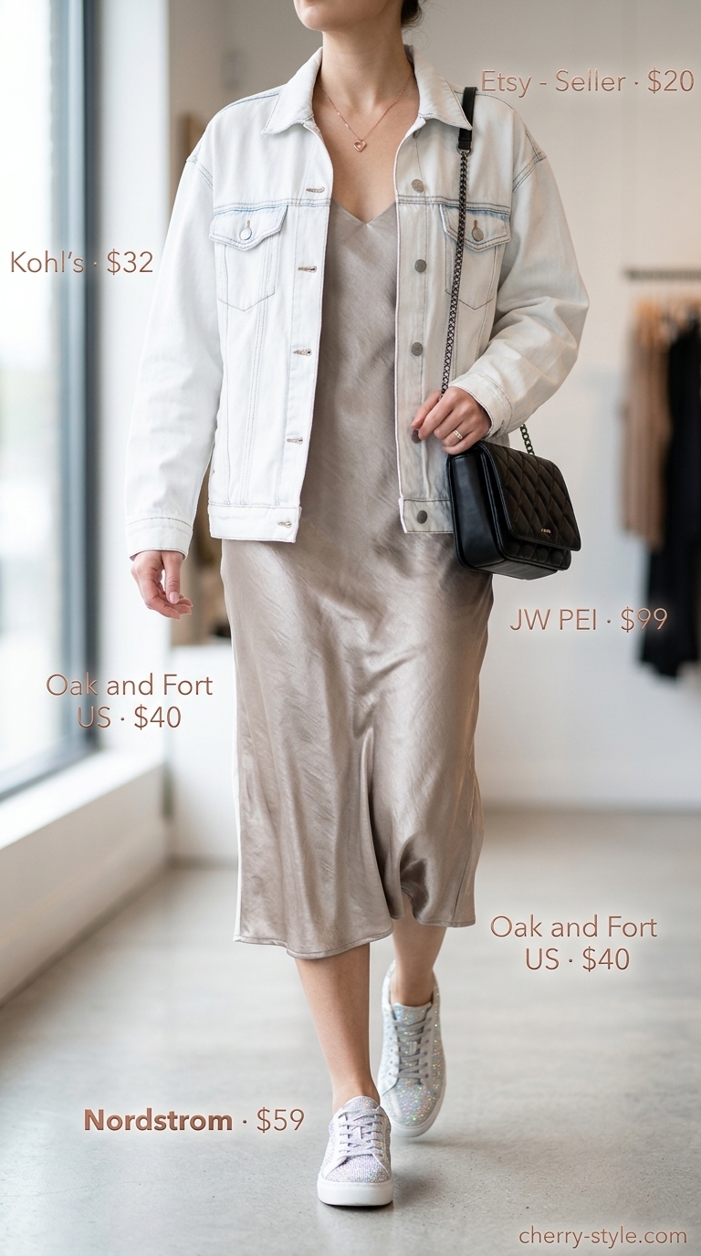 Sporty summer outfits with sneakers for women 2026: Rose gold platform sneakers, black slip dress, and oversized white denim jacket.