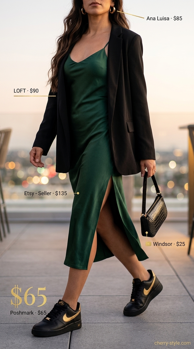 Sporty summer outfits with sneakers for women 2026: Emerald green satin dress, black sneakers with gold accents, and blazer.