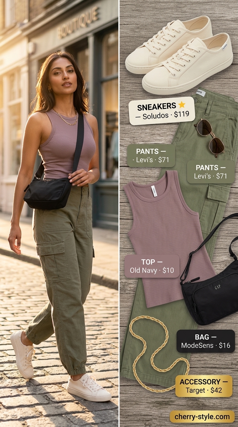 Sporty summer outfits with sneakers for women 2026: Olive green cargo pants, white tank, and platform sneakers.