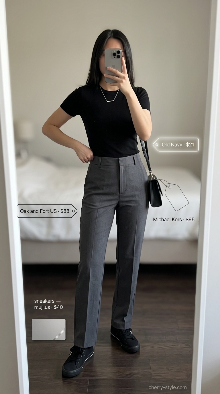 Sporty summer outfits with sneakers for women 2026: Charcoal grey trousers, black top, and minimalist canvas sneakers.