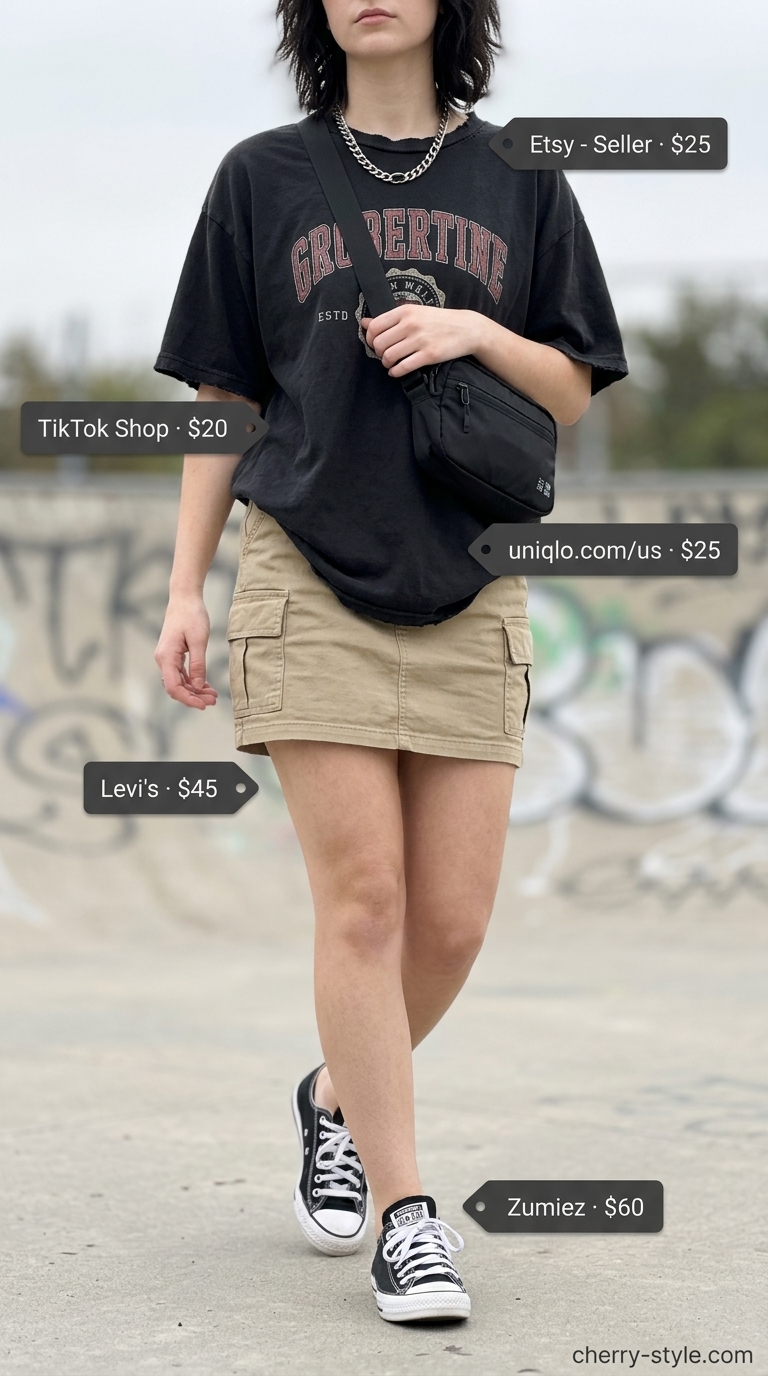 Sporty summer outfits with sneakers for women 2026: Khaki cargo mini skirt, band tee, chunky silver chain, and black low-top sneakers.