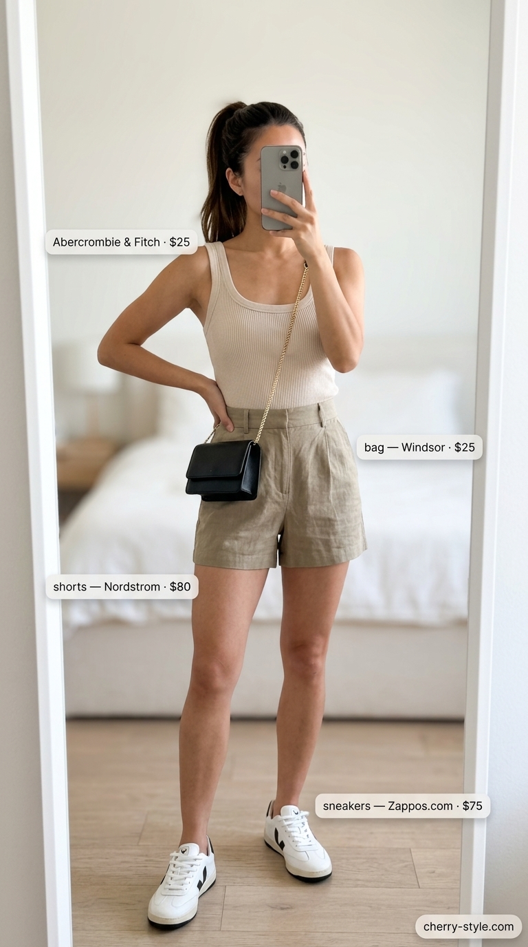 Sporty summer outfits with sneakers for women 2026: Khaki linen shorts, white sneakers, and black tank.