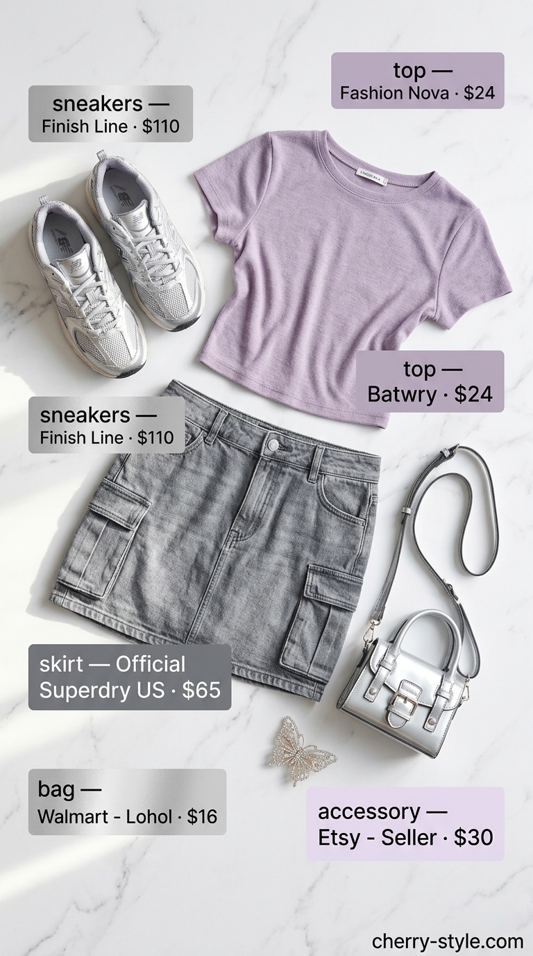 Sporty summer outfits with sneakers for women 2026: Y2K street style with lavender crop top, grey cargo mini skirt, and silver chunky sneakers.