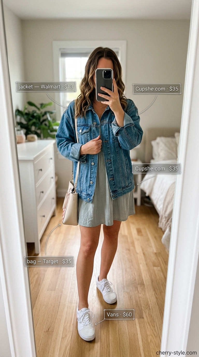 Sporty summer outfits with sneakers for women 2026: Navy striped midi dress, denim jacket, and white sneakers for a breezy boardwalk look.