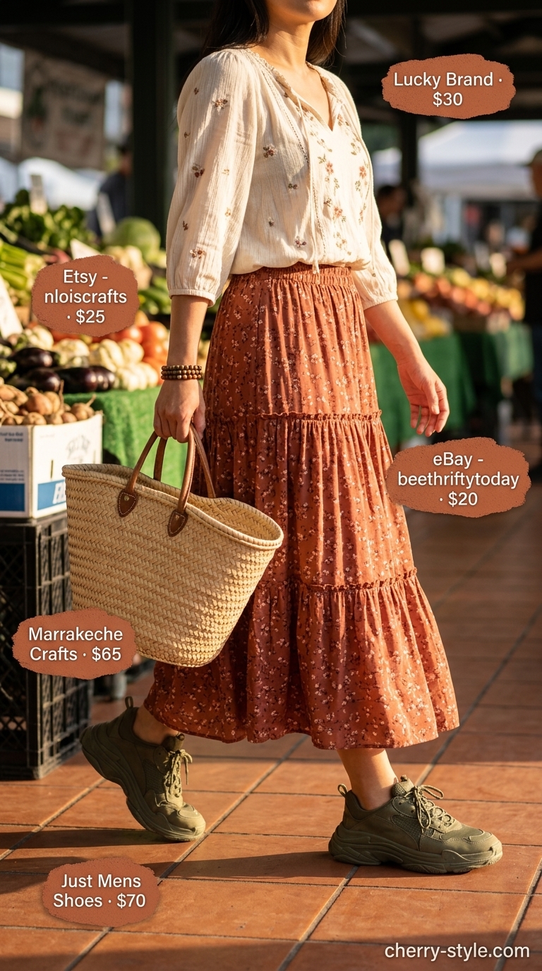 Sporty summer outfits with sneakers for women 2026: Terracotta maxi skirt with peasant blouse & 'dad' sneakers for a boho look.
